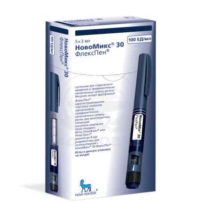 НовоМикс 30 ФлексПен 100ЕД/мл 3 мл картриджи в шприц-ручках 5